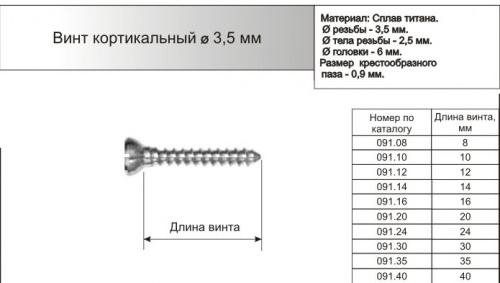 Винт кортикальный диаметром 3,5мм
