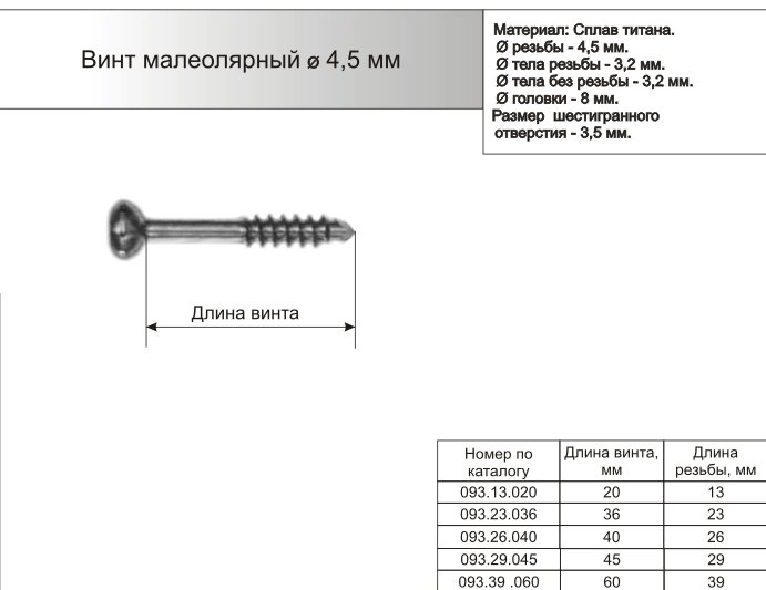 Винт малеолярный диаметром 4,5мм